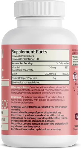 Vista 2 de Bronson Péptidos de colágeno 3000mg (por porción) con biotina y vitamina C - para el apoyo del cabello, la piel y las uñas, sin OGM, 90 tabletas