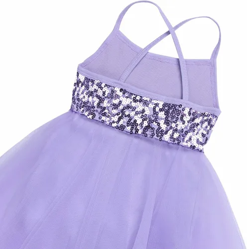 Vista 4 de TiaoBug Niñas Lentejuelas Dobladillo Irregular Baile Latino Traje Lírico Ballet Vestido Leotardo Falda Gasa Brillante Hada Danza
