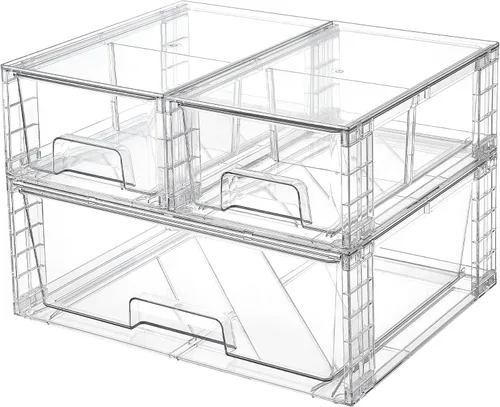 Vista 12 de Vtopmart Paquete de 3 cajones de almacenamiento apilables transparentes, organizadores de baño fáciles de montar y almacenamiento con asas, cajones