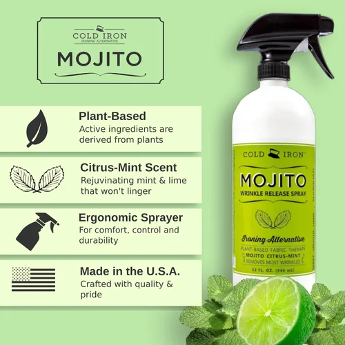 Vista 3 de Cold Iron Spray antiarrugas para ropa. 32 onzas líquidas Mojito Citrus Mint. Alternativa de planchado a base de plantas. Rápido, fácil de usar.