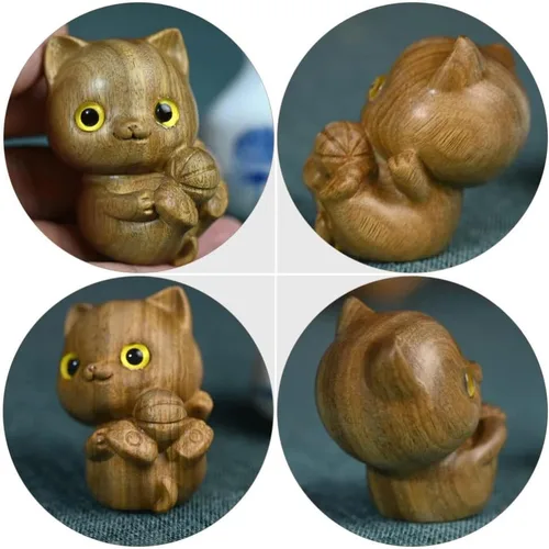 Vista 3 de Figura de gato tallada para automóvil, adorno de madera para gato, estatua de gatito pequeño, para amantes de los gatos en miniatura