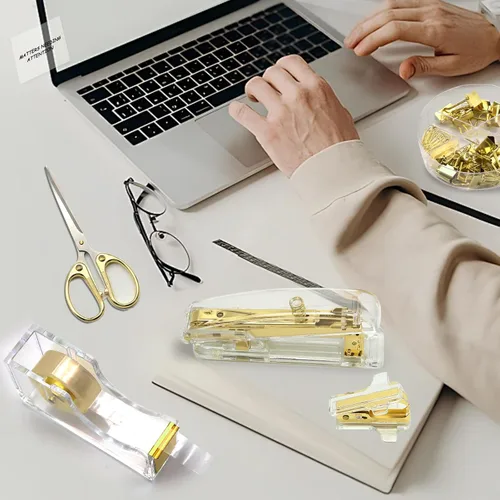 Vista 7 de Suministros de oficina dorados, accesorios de escritorio dorados de UPIHO, juego de grapadora y dispensador de cinta con grapadora grande