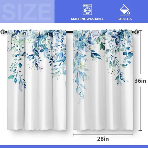 Vista 3 de Aimego Cortinas de Cocina de Eucalipto Primaveral - Hojas de Plantas de Acuarela Floral Azul con Cortinas de Nivel Botánico Floral para Cafetería