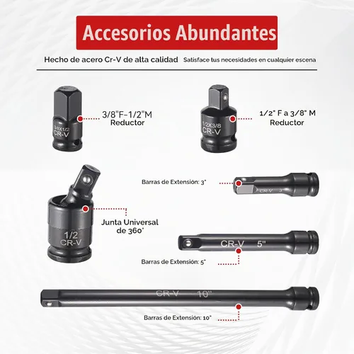 Vista 4 de Reniteco Juego de 25 piezas de llaves de casquillo de 1/2" de transmisión, SAE (3/8"- 1-1/2"), casquillos profundos, barras de extensión, reductor