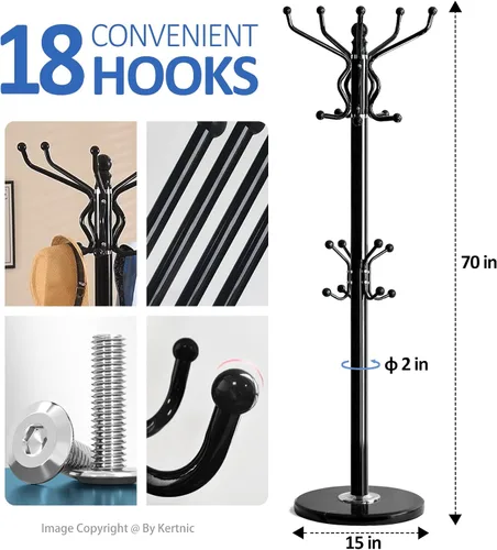 Vista 6 de Kertnic Perchero independiente con 18 ganchos y base de mármol - Soporte de árbol de pasillo de metal resistente para entrada, sombreros, abrigos 18