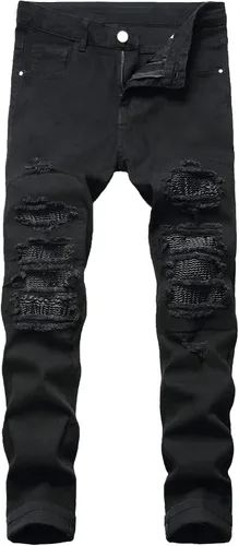 Vista 37 de Baylvn - Pantalones de mezclilla para hombre con diseño patchwork, ajustados y cómodos, estilo motociclista 3132 Camuflaje y azul