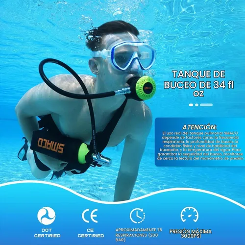 Vista 2 de SMACO Mini tanque de buceo 1L tanque de buceo portátil reutilizable buceo kit de cilindro de oxígeno para snorkel y rescate de emergencia S400