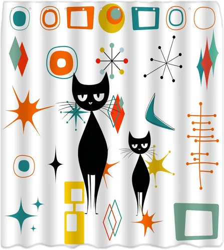 Vista 4 de Mid Century Atomic Cat Modern Shower Curtain Abstract Geometric Teal Orange Yellow Black Cat Retro 50S White Fabric Bathroom Curtain Set with Hook