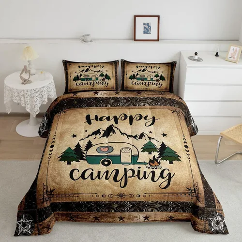 Vista 31 de Erosebridal Juego de edredón de cabaña de cabaña, juego de ropa de cama individual para niños, edredón de campamento con temática de campamento