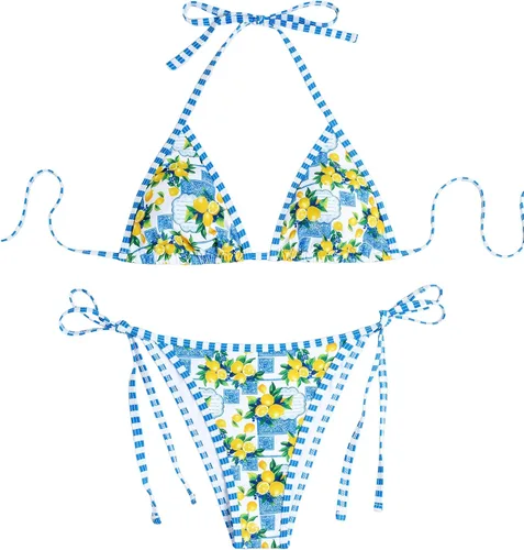 Vista 13 de ZAFUL Bikinis triangulares estampados para mujer, 2 piezas, bikini halter, traje de baño de corte alto, traje de baño con lazo lateral 0-negro a
