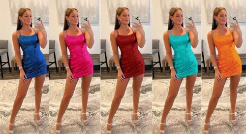 Vista 6 de Wchecalino - Vestido corto de cóctel con tirantes delgados y lentejuelas para fiesta de exalumnos, ajustado, brillante, vestido corto de cóctel