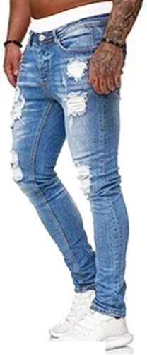 Vista 2 de HUNGSON Men's Blue Slim Fit Jeans Stretch Destroyed Ripped Skinny Jeans Side Striped Denim Pants