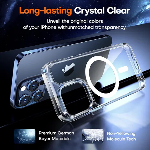 Vista 4 de TAURI Funda magnética 5 en 1 para iPhone 15 Pro Max, transparente, con 2 protectores de pantalla HD + 2 protectores de lente de cámara