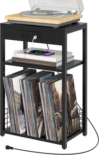 Vista 13 de Soporte para tocadiscos, mesa auxiliar de 3 niveles con almacenamiento de discos de vinilo, soporte para discos de vinilo de hasta 120 álbumes