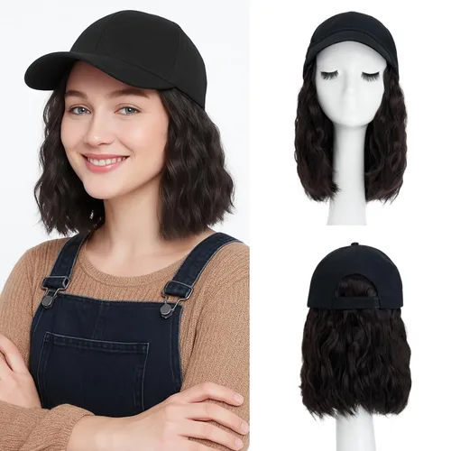 Vista 31 de SEGO - Peluca de gorra con pelo adjunto para mujer, gorra negra de béisbol con extensiones de pelo, gorra de béisbol larga y ondulada con ajuste