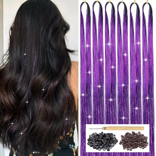 Vista 16 de Kit de oropel de cabello negro con herramienta, 6 piezas, 1200 hebras de extensiones de cabello de oropel con purpurina, resistentes al calor