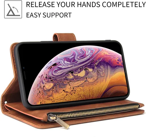 Vista 3 de UEEBAI Funda tipo cartera para iPhone 12 Mini, piel sintética, cierre magnético, correa de mano, múltiples ranuras para tarjetas, soporte de Marrón