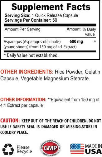 Vista 5 de cápsulas de brotes jóvenes de espárragos - ESPÁRRAGO 600 MG - EXTRACTO DE TIROS JOVEN - Extracto de raíz de espárragos - Cápsulas de fórmula