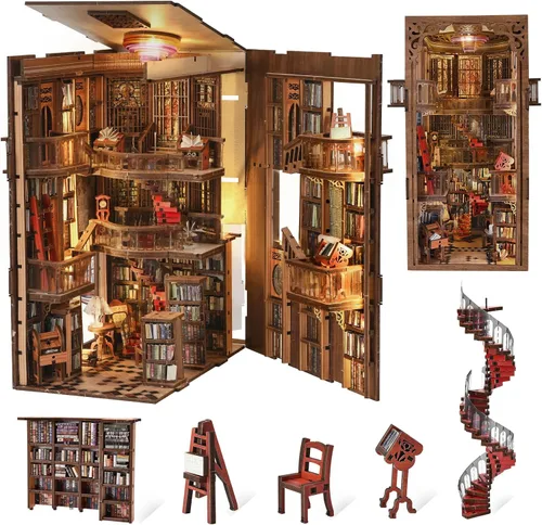 Vista 22 de CCCDF - Kit de manualidades para rincón de lectura de biblioteca, kit de casa de muñecas en miniatura, rompecabezas de madera 3D con luces LED