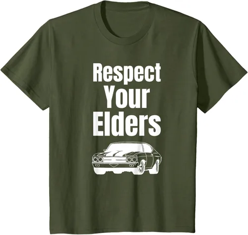 Vista 10 de Divertido regalo de auto para chicos – Respect Your Elders Classic Muscle Car Camiseta, Negro, S