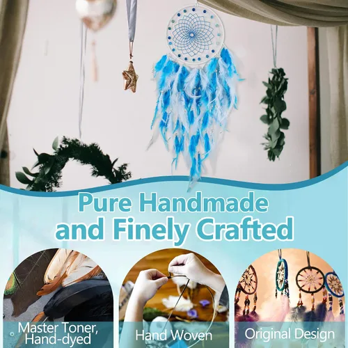 Vista 4 de Blue Dream Catchers - Plumas de pollo con perla de cristal, atrapasueños hecho a mano para dormitorio, atrapasueños para niñas, atrapasueños