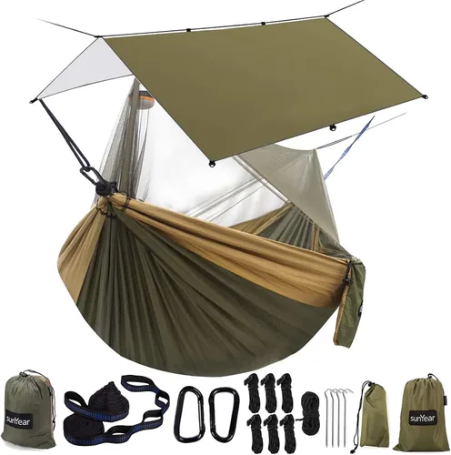 Vista 9 de Sunyear Hamaca para acampar con lona y red para mosca de lluvia, hamaca portátil para campamento, hamaca doble árbol, hamaca para exteriores
