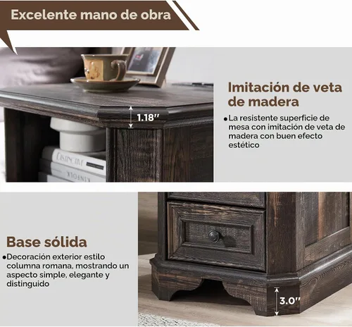 Vista 6 de T4TREAM - Mesa de noche rústica con estación de carga, mesa auxiliar de madera de 18 pulgadas con 2 cajones, para dormitorio y sala de estar