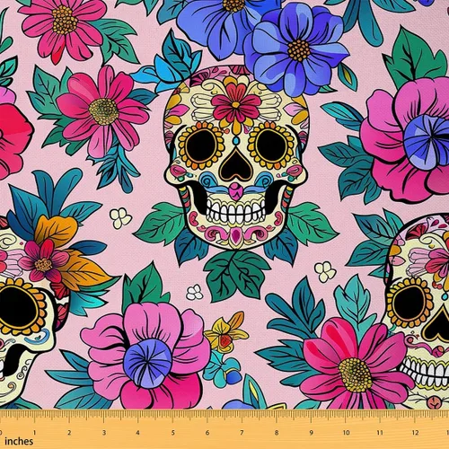 Vista 8 de The Yard - Tela de esqueleto de flores en acuarela para sillas, exótica, tribal, floral, estampado de calavera, tela de tapicería para artes, plumas