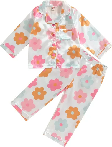 Vista 9 de Conjunto de pijama de satén para niños, niña y niño, con botones, camiseta para dormir+pantalones largos, ropa para dormir y de estar en casa W Rosa