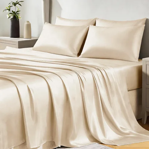Vista 27 de Juego de sábanas de satén CozyLux de microfibra sedosa con bolsillo profundo, sábana bajera plana y fundas de almohada, suave y suave