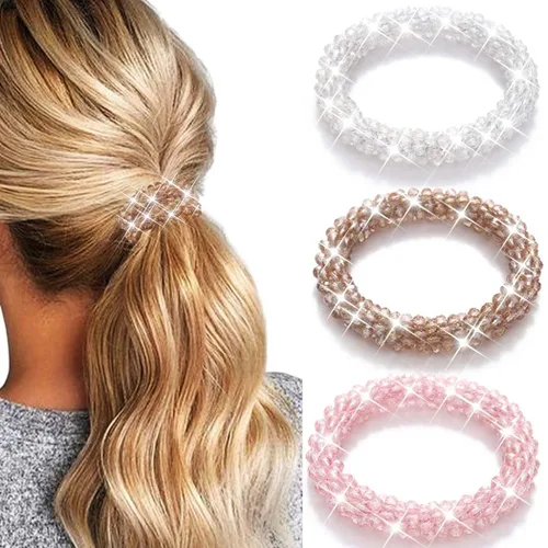 Vista 9 de Fashey Lazo para el cabello con diamantes de imitación, coleteros brillantes con cuentas, accesorios para el cabello para mujeres (tipo A)