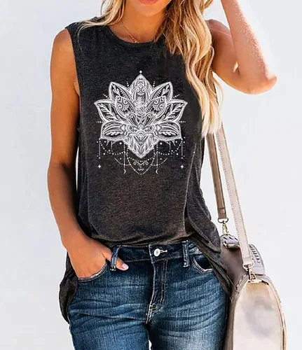 Vista 3 de BOMYTAO Camiseta sin mangas con diseño de mandala de loto para mujer, diseño de geometría sagrada, para meditación, regalo