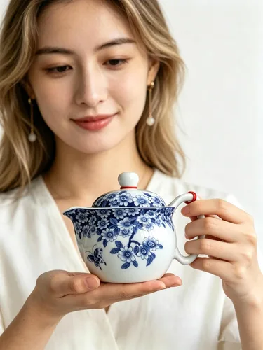 Vista 6 de Tetera pequeña de 12 onzas, tetera de porcelana azul y blanca con filtro de acero inoxidable para té suelto (flores de maceta embellecen)