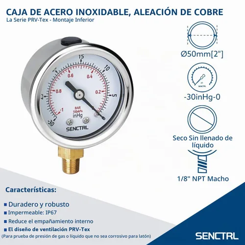 Vista 2 de SENCTRL - Medidor de presión de vacío de 30inHg, esfera de 2", NPT de 1/8, montaje inferior, estuche de acero inoxidable, resistente al agua
