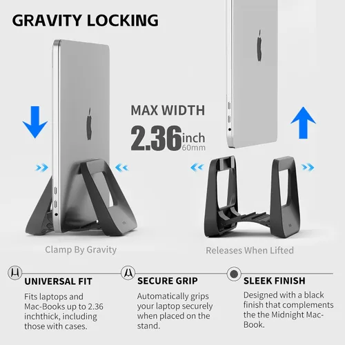 Vista 3 de Soporte vertical para computadora de escritorio, soporte de plástico para laptop con protección de silicona, compatible con todos los Negro