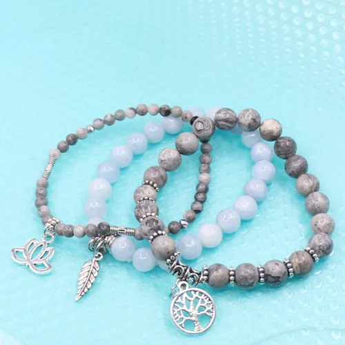 Vista 3 de UEUC - Pulseras Reiki, apilables, de piedras curativas, cristales, con dije del árbol de la vida, yoga y hoja de loto, contra la ansiedad