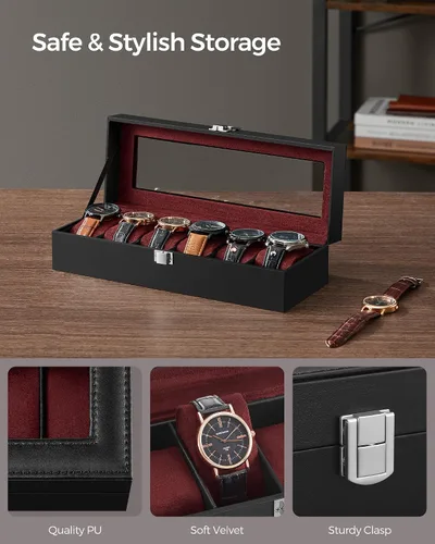 Vista 3 de SONGMICS Caja de reloj, caja de reloj de 6 ranuras con tapa de vidrio grande, almohadas extraíbles para reloj, organizador de caja de reloj, regalo