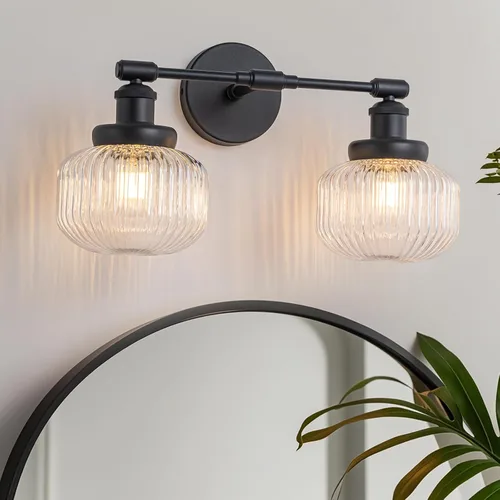 Vista 9 de foucasal Lámpara de tocador de 2 luces, aplique de pared industrial con pantalla de globo rayado transparente, luz de baño para dormitorio, sala