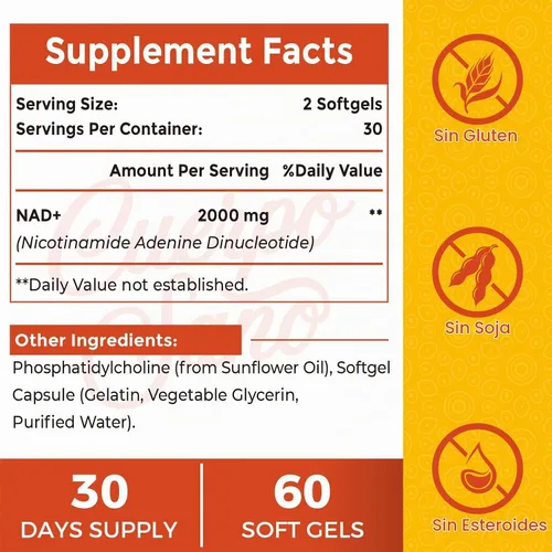 Vista 2 de Suplemento NAD de 2000 MG, NAD+ liposomal con alta absorción, más eficiente que la ribósido de nicotinamida, suplemento potenciador puro y Plus