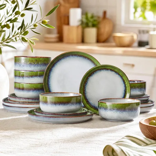 Vista 16 de Stoneware Dinnerware Sets for 8, Reactive Glaze, Beige