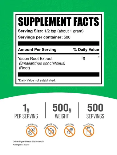 Vista 2 de BulkSupplements. com Yacon Extracto de raíz en polvo, sustituto del azúcar, edulcorante de fibra natural, sin gluten, 0.04 oz por porción, 17.64 oz