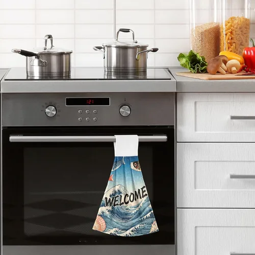 Vista 6 de Toallas colgantes para cocina con punta de dedo para baño, bienvenida, pescado, japonés, retro, impreso, bienvenida, lápiz de pescado