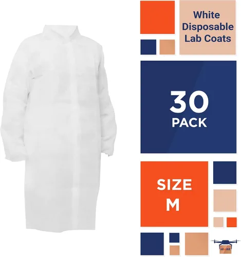 Vista 2 de EZGOODZ Abrigo de laboratorio desechable blanco mediano, paquete de 30 abrigos de laboratorio desechables para adultos, transpirable PP 35 GSM