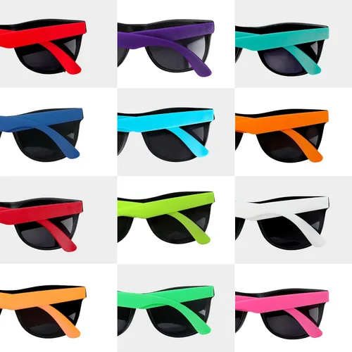 Vista 3 de Paquete de 48 lentes de sol de neón de 12 colores con lentes oscuros, estilo de los años 80 para recuerdos de fiesta, fiesta en la piscina a granel