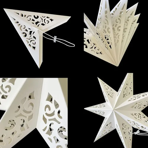 Vista 7 de Lámpara de estrella de papel hueca con diseño de estrella colgante para decoración de bodas, Navidad, festividades, cumpleaños, celebración (Blanco)