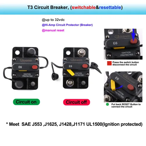 Vista 3 de Disyuntor manual de 12 V, 24 V, 15 A, reinicio manual para automóvil, RV, solar, marina, automoción, 12 voltios, 32 V CC, disyuntor de motor