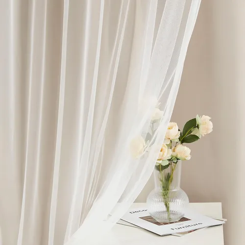 Vista 2 de Bujasso Cortinas 80% Opacas Beige con Superposición de Gasa Mezcla y Combinación Paneles de Ventana con Aislamiento Térmico de Doble Capa de 63