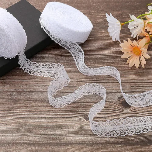 Vista 3 de Cinta de encaje blanco de 54.6 yardas, rollos de encaje de ganchillo vintage con borde festoneado para coser bricolaje, manualidades, cinta de boda