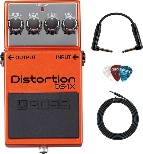 Vista 12 de Boss Paquete de distorsión DS-1 con cable de instrumento Gearlux, cable de conexión, púas y paño de pulido de Austin Bazaar