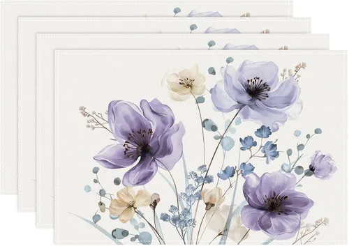 Vista 7 de Bonhause Juego de 4 manteles individuales florales de acuarela, 12 x 18 pulgadas, hojas de flores azules y marrones, manteles individuales lavables